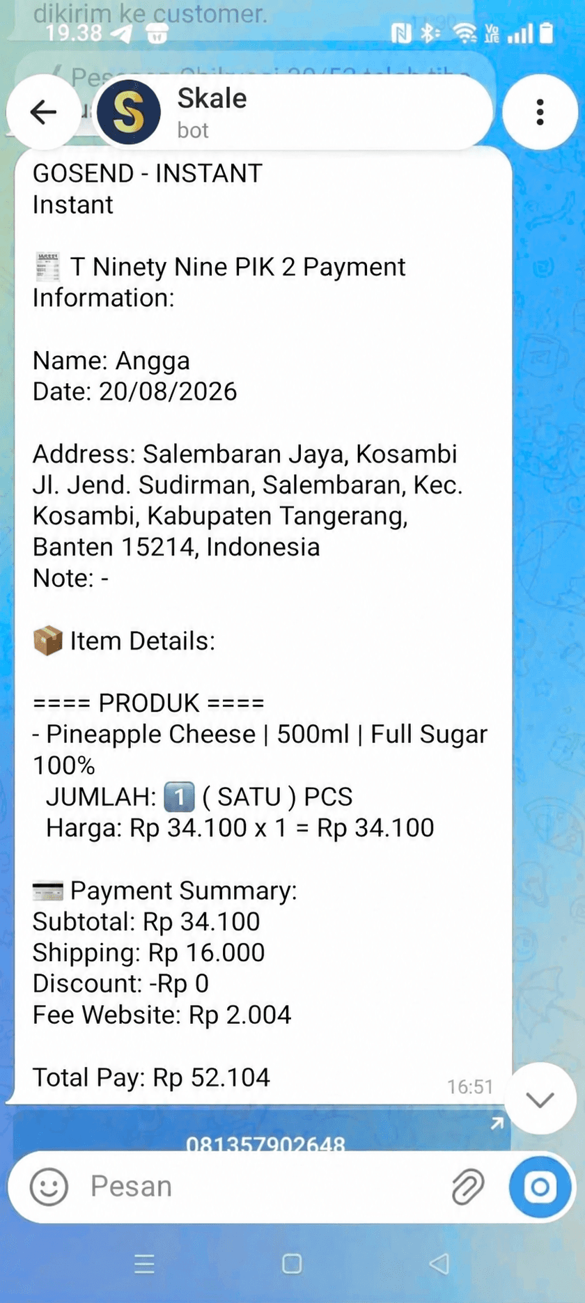 Contoh pesan order WhatsApp dengan nomor yang telah dianonimkan