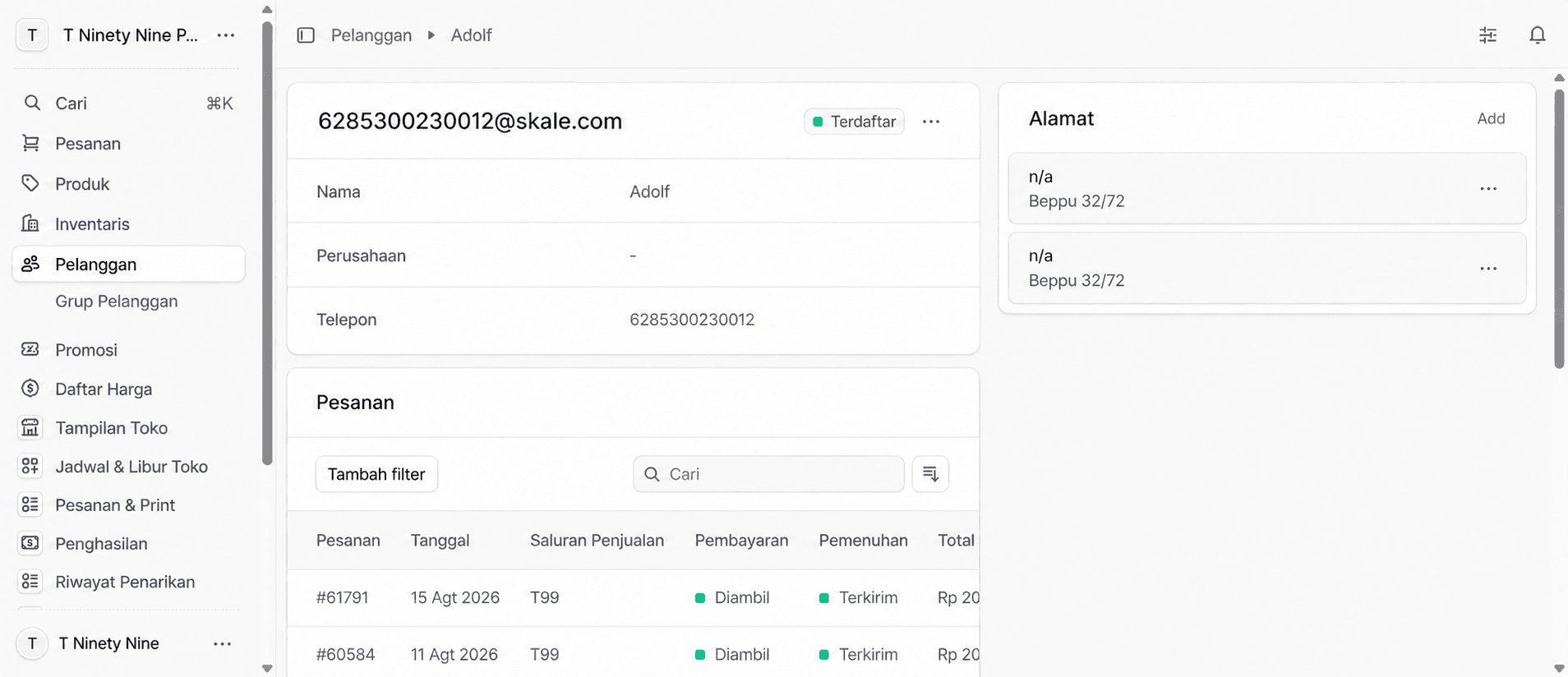 Dashboard POS Skale dengan nomor customer contoh 6285300230012